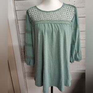 Fair Haven 2XL Peasant Top Sage Green Crochet Open Weave Neck 3/4 Sleeve